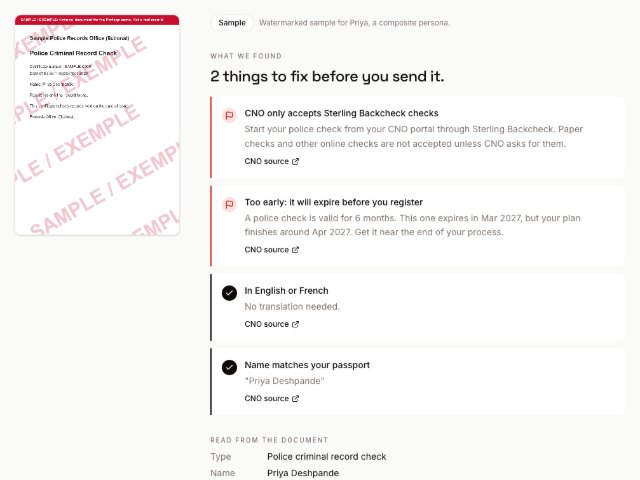 The document check on a sample police check: two things to fix, each with its CNO source